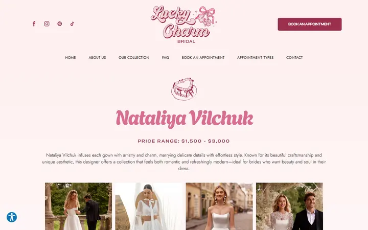 Website page titled Nataliya Vilchuk | Lucky Charm Bridal
