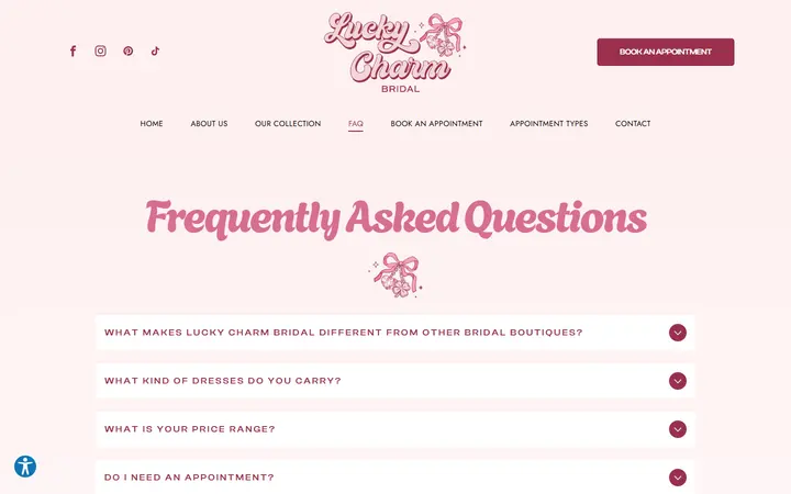 Website page titled FAQ | Lucky Charm Bridal