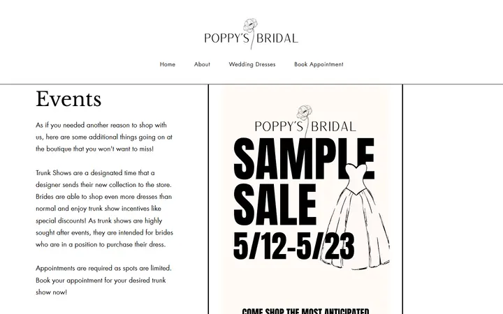 Website page titled Events | Poppy's Bridal