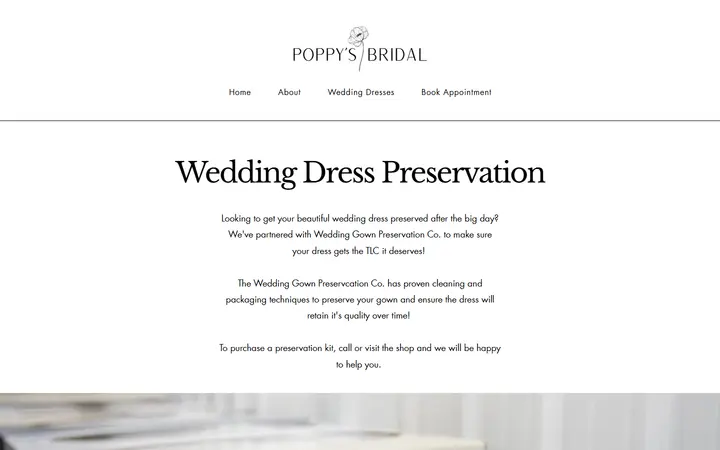 Website page titled Dress Preservation | Poppy's Bridal