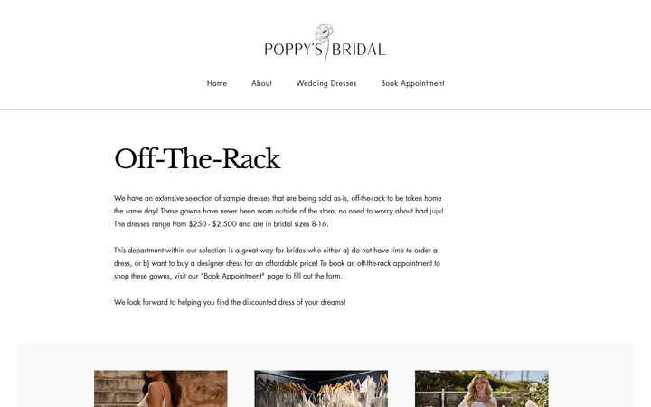 Website page titled Off-The-Rack | Poppy's Bridal