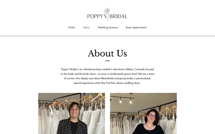 Website page titled About | Poppy's Bridal