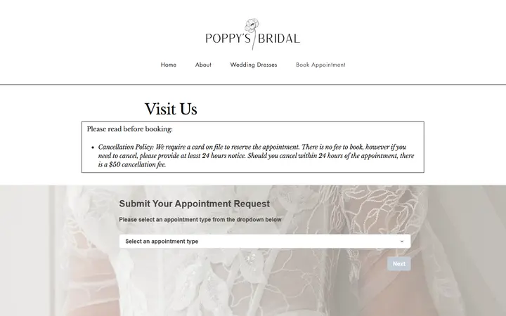 Website page titled Book Appointment | Poppy's Bridal