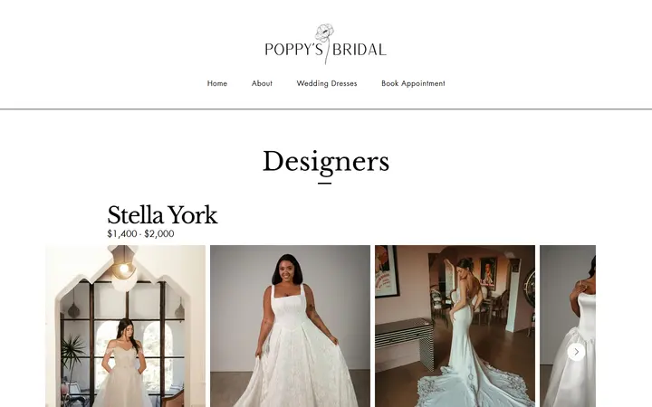 Website page titled Designers | Poppy's Bridal