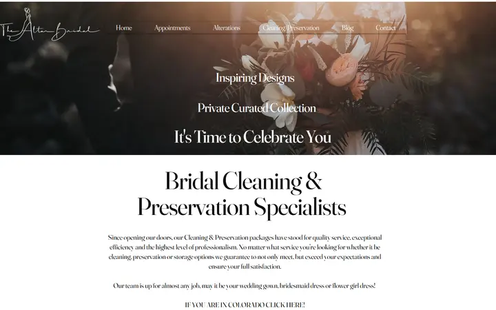 Website page titled Cleaning/Preservation | thealtarbridal