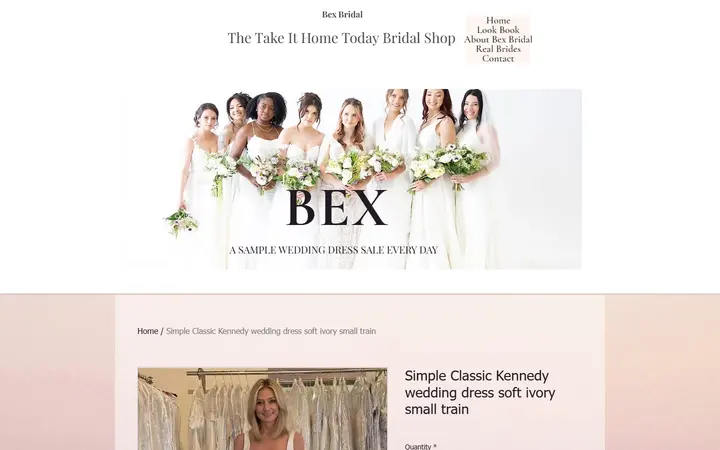 Website page titled Simple Classic Kennedy wedding dress soft ivory small train | Bex Bridal