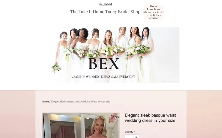 Website page titled Elegant affordable, flowing basque waist wedding dress order now