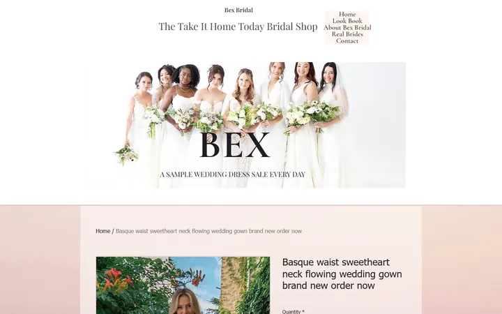Website page titled Basque waist sweetheart neck flowing wedding gown brand new order now | Bex Bridal