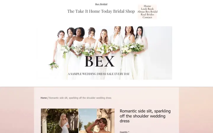 Website page titled Romantic side slit, sparkling off the shoulder wedding dress | Bex Bridal