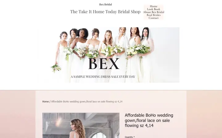 Website page titled Affordable BoHo wedding gown,floral lace on sale flowing sz 4,14 | Bex Bridal