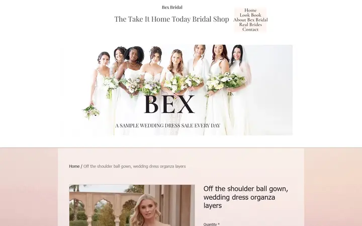 Website page titled Off the shoulder ball gown, wedding dress organza layers | Bex Bridal