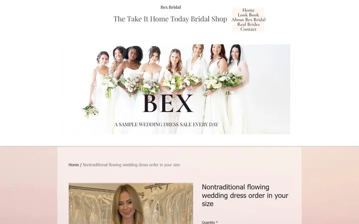 Website page titled Nontraditional flowing wedding dress order in your size | Bex Bridal