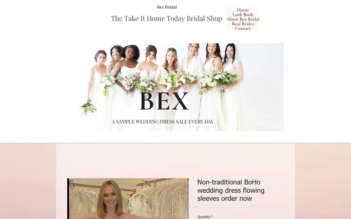 Website page titled Non-traditional BoHo wedding dress flowing sleeves order now | Bex Bridal