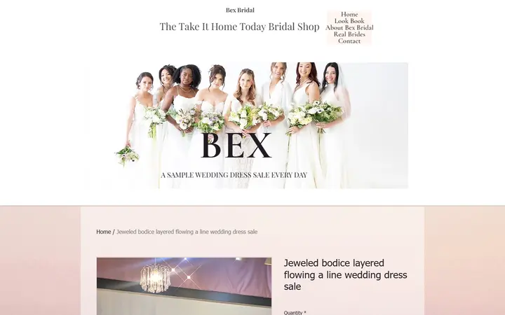 Website page titled Jeweled bodice layered flowing a line wedding dress sale | Bex Bridal