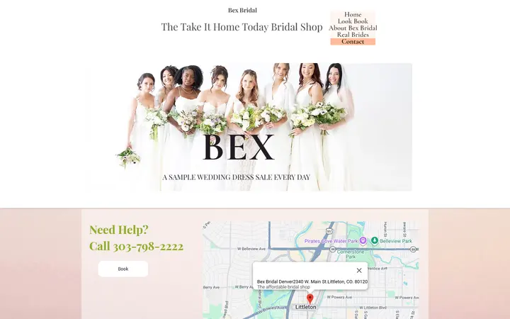 Website page titled CONTACT BEX BRIDAL SALE: help finding sale wedding dresses