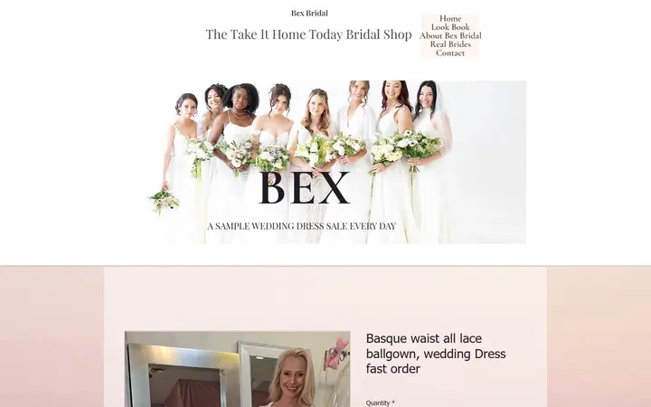 Website page titled Basque waist all lace ballgown, wedding Dress fast order | Bex Bridal