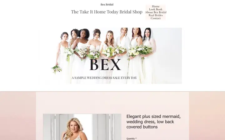 Website page titled Elegant plus sized mermaid, wedding dress, low back covered buttons | Bex Bridal