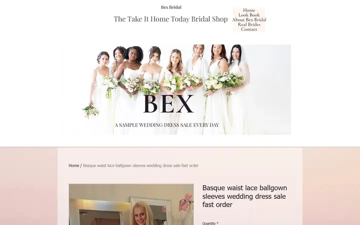Website page titled Basque waist lace ballgown sleeves wedding dress sale fast order | Bex Bridal