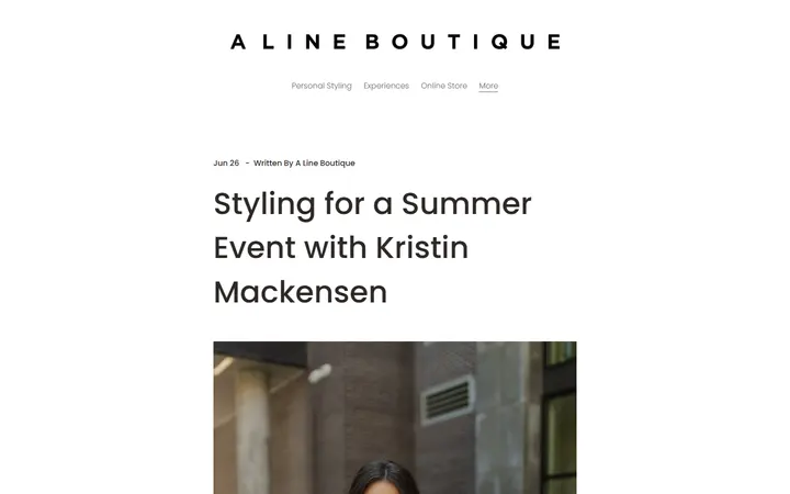 Website page titled Summer Event Styling Tips with Kristin Mackensen — A Line Boutique