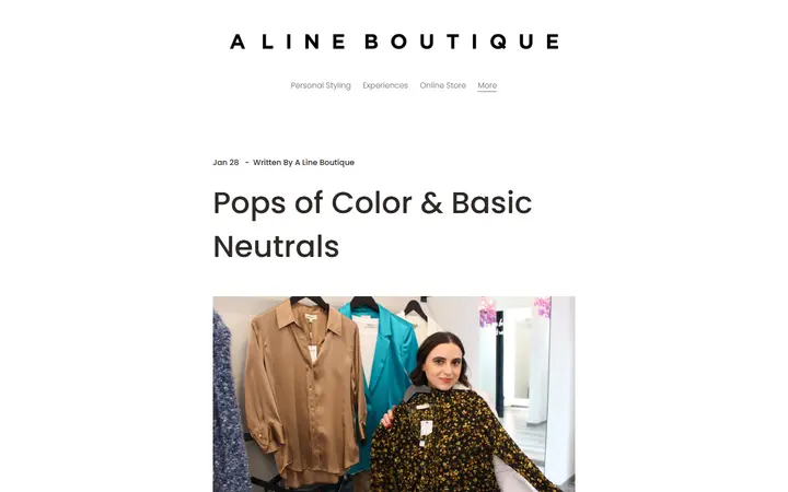 Website page titled Pops of Color & Basic Neutrals — A Line Boutique