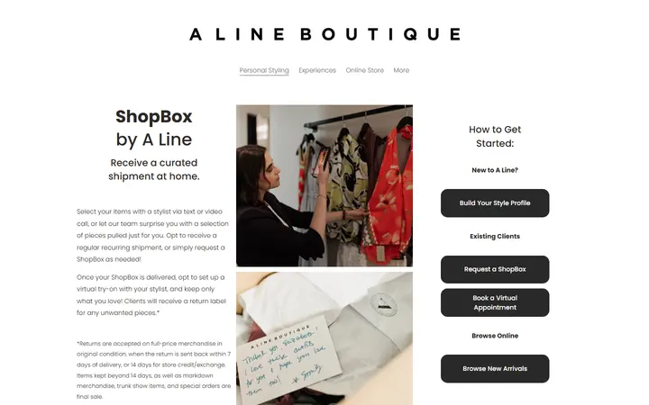 Website page titled Shop Box — A Line Boutique