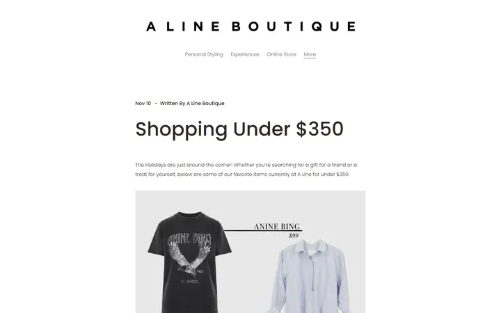 Website page titled Shopping Under $350 — A Line Boutique