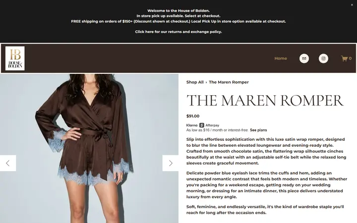 Website page titled The Maren Romper — HOUSE OF BOLDEN