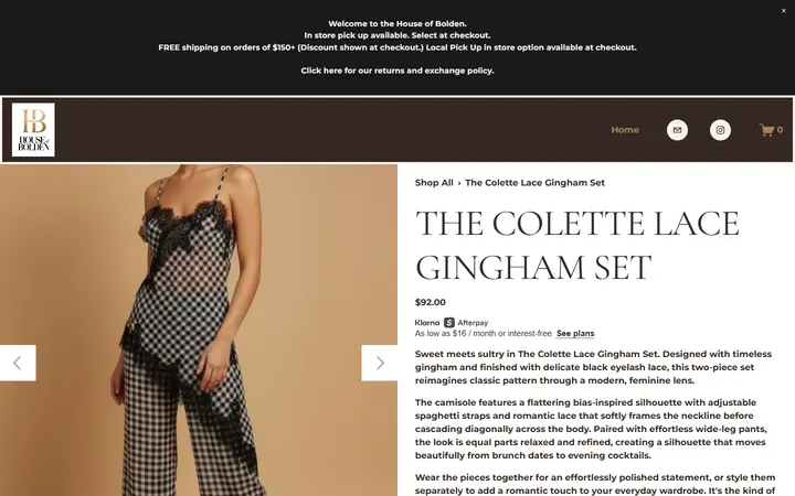 Website page titled The Colette Lace Gingham Set — HOUSE OF BOLDEN