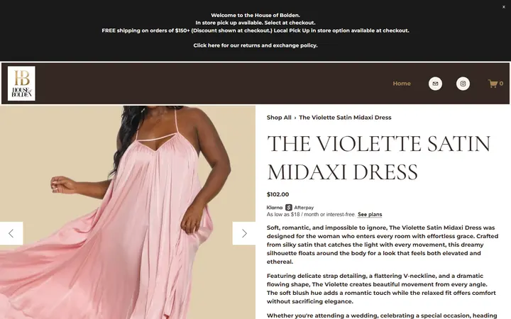 Website page titled The Violette Satin Midaxi Dress — HOUSE OF BOLDEN