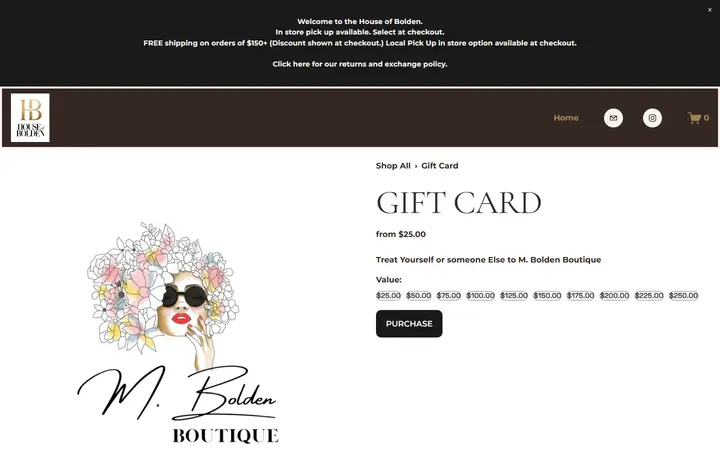 Website page titled Gift Card — HOUSE OF BOLDEN