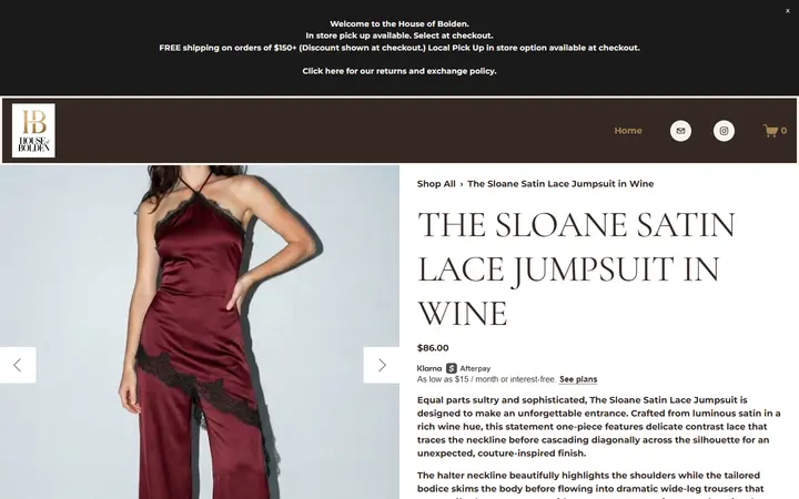 Website page titled The Sloane Satin Lace Jumpsuit — HOUSE OF BOLDEN