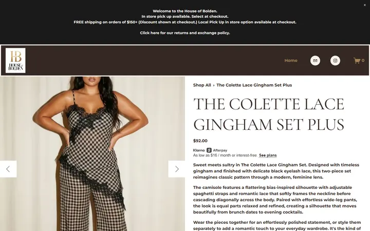 Website page titled The Colette Lace Gingham Set — HOUSE OF BOLDEN