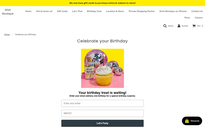 Website page titled Celebrate your Birthday – Wish Boutique