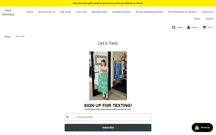 Website page titled Let's Text – Wish Boutique