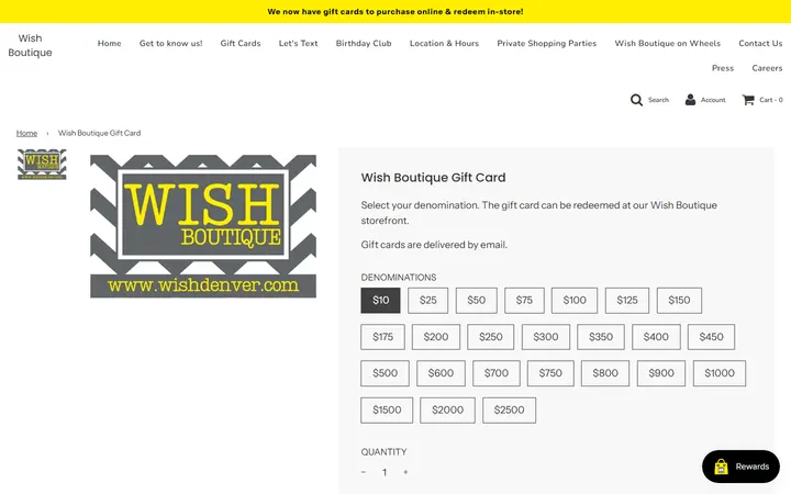Website page titled Wish Boutique Gift Card