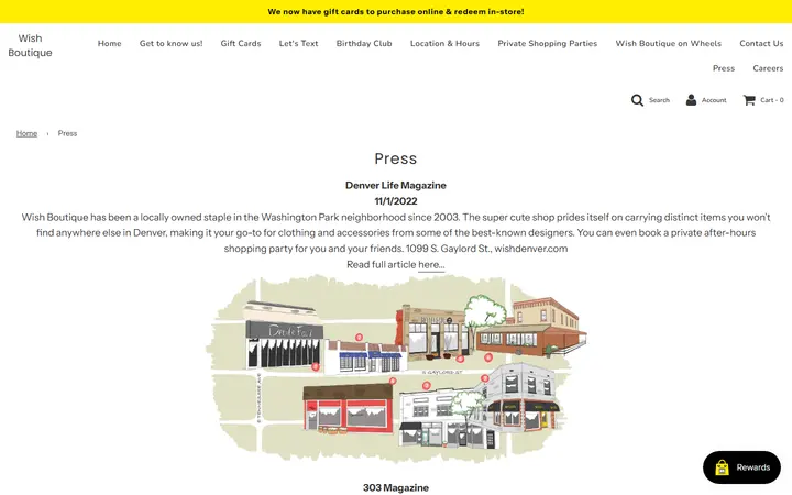 Website page titled Press – Wish Boutique