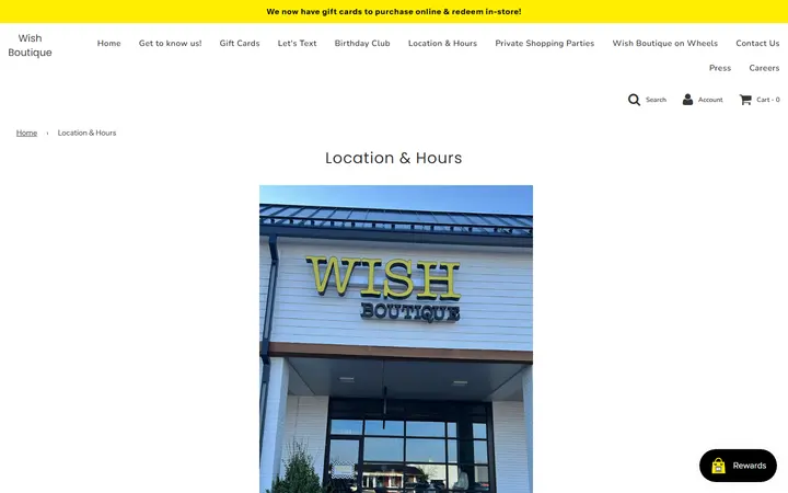 Website page titled Location & Hours – Wish Boutique