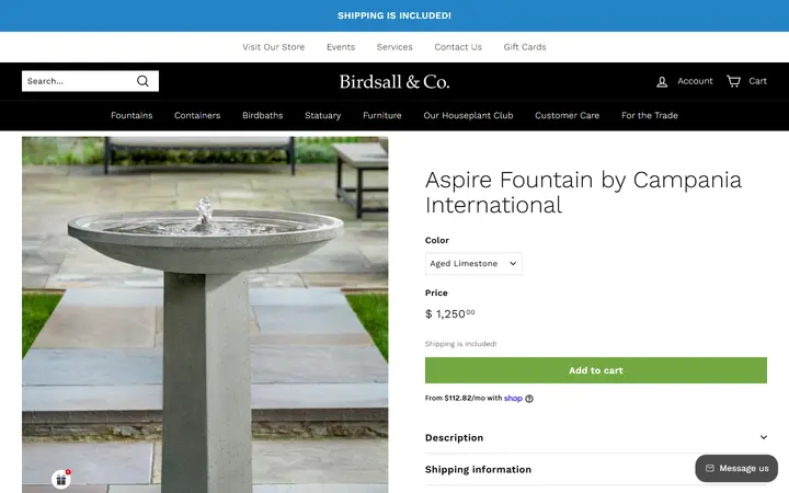 Website page titled Aspire Fountain by Campania International – Birdsall & Co.