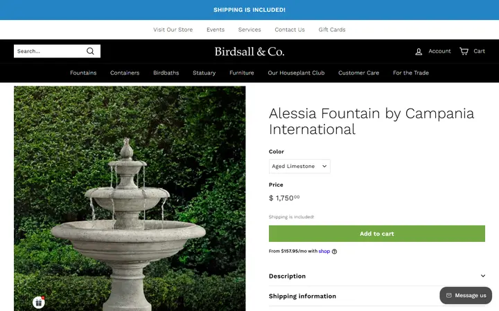 Website page titled Alessia Fountain by Campania International – Birdsall & Co.