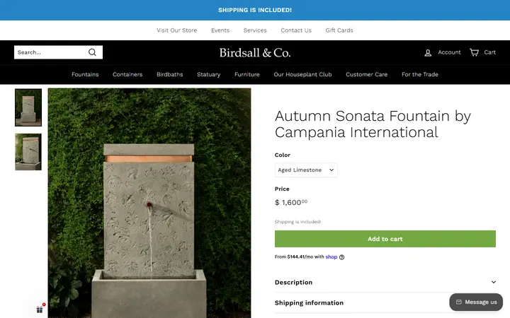 Website page titled Autumn Sonata Fountain by Campania International – Birdsall & Co.