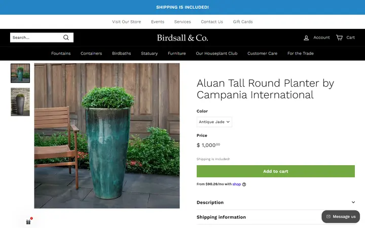 Website page titled Aluan Tall Round Planter by Campania International – Birdsall & Co.