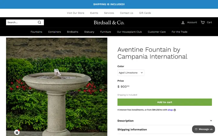 Website page titled Aventine Fountain by Campania International – Birdsall & Co.
