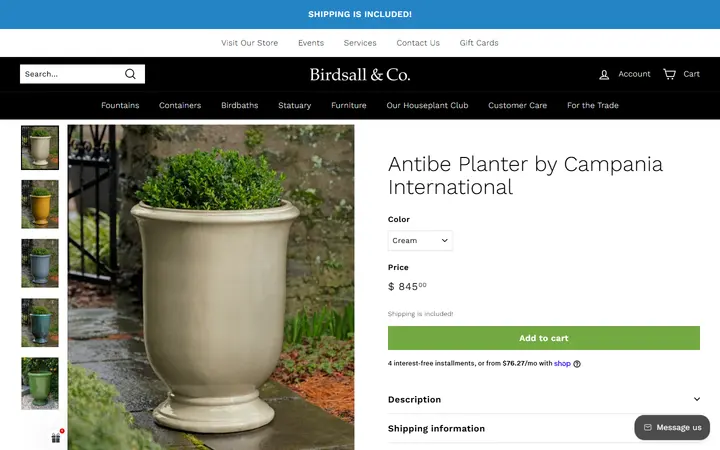 Website page titled Antibe Planter by Campania International – Birdsall & Co.