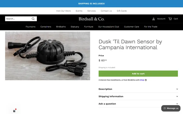 Website page titled Dusk 'Til Dawn Sensor by Campania International – Birdsall & Co.