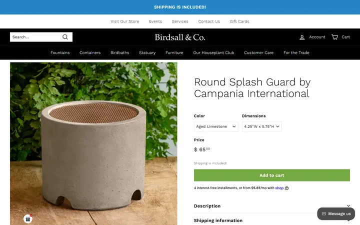 Website page titled Round Splash Guard by Campania International – Birdsall & Co.