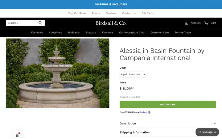 Website page titled Alessia in Basin Fountain by Campania International – Birdsall & Co.