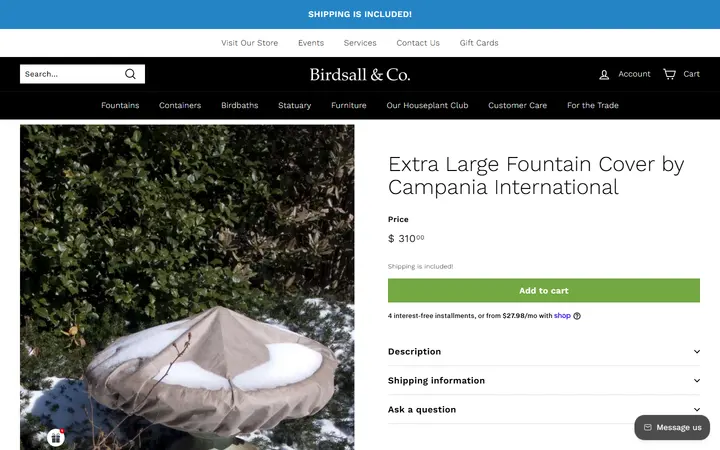 Website page titled Extra Large Fountain Cover by Campania International – Birdsall & Co.