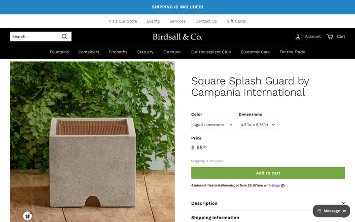 Website page titled Square Splash Guard by Campania International – Birdsall & Co.
