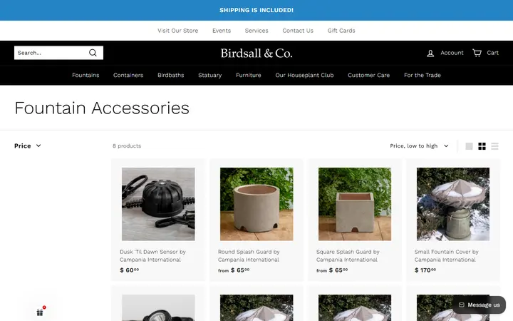 Website page titled Fountain Accessories – Birdsall & Co.
