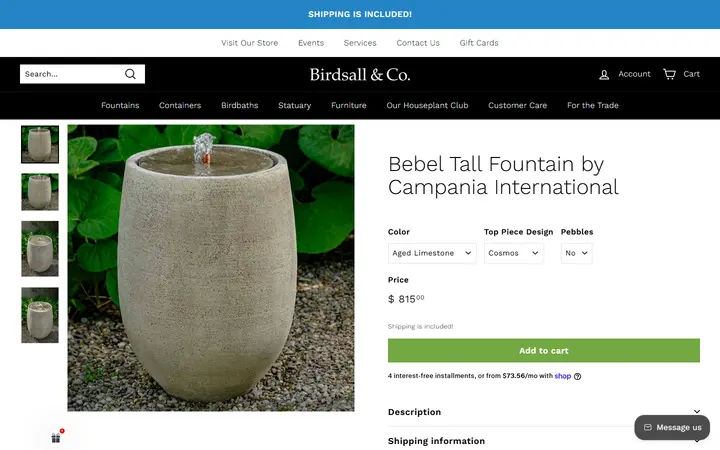 Website page titled Bebel Tall Fountain by Campania International – Birdsall & Co.